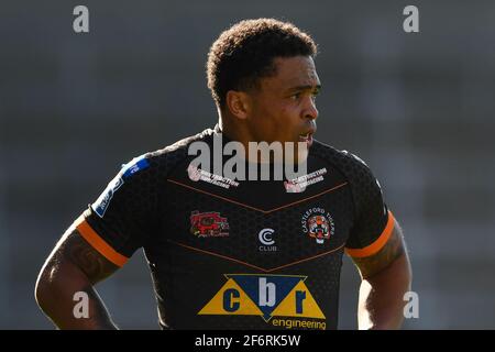 Jordan Turner (25) von Castleford Tigers in, am 4/2/2021. (Foto von Craig Thomas/News Images/Sipa USA) Quelle: SIPA USA/Alamy Live News Stockfoto