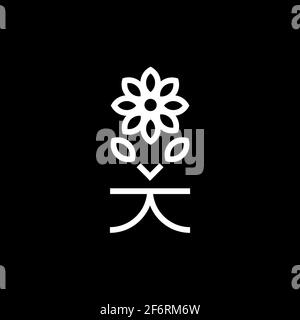Minimalistisches Sonnenblumenlogo kombiniert mit Wurzelteilen in Form japanischer Buchstaben, die Blatt bedeuten. Für Gesundheits- und Pflanzengeschäfte Stock Vektor