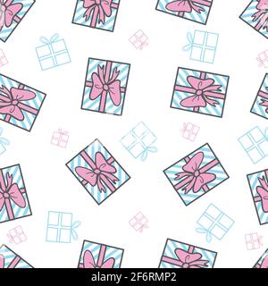 Nahtloses Muster mit niedlichen handgezeichneten Geschenkschachteln. Geburtstag, Feiertage, Frohe Weihnachten, Neujahr. Vektorgrafik. Stock Vektor