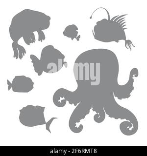 Vektor-Set von schwarzen stilisierten Silhouetten von Meeresbewohnern Stock Vektor