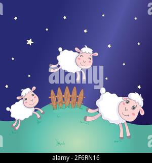 Drei lustige Schafe, die über EINEN Zaun springen. Vektorgrafik Stock Vektor