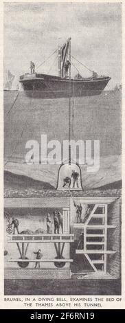 Vintage-Illustration von Brunel in einer Taucherglocke, die das Bett der Themse über seinem Tunnel untersucht. Stockfoto