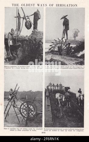 Vintage Schwarz-Weiß-Fotos der ältesten Bewässerungsmethoden. Stockfoto