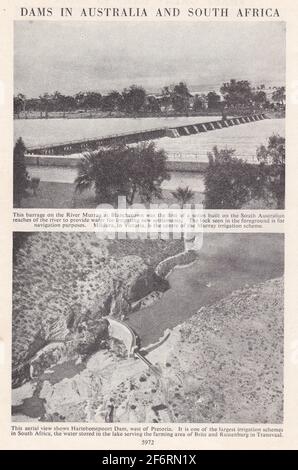 Vintage Schwarz-Weiß-Fotos von Staudamm auf dem Murray River in Blanchetown und Hartebeestpoort Dam in Pretoria, Südafrika. Stockfoto