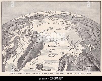 Vintage illustrierte Karte der Regionen rund um den Nordpol und der Art und Weise, wie die alten Entdecker gingen. Stockfoto