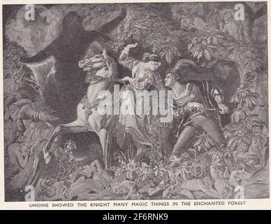 Vintage Illustration / Gemälde von Undine zeigt den Ritter viele magische Dinge im Zauberwald. Stockfoto