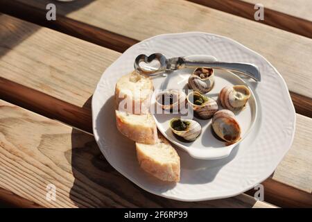 Gericht mit Schneckenschalen, serviert auf einem weißen klassischen Teller, mit verschiedenen Saucen, Pesto, Trüffel, Käse, Stücke von französischem Baguette, Gabel für eine Schale, Stockfoto