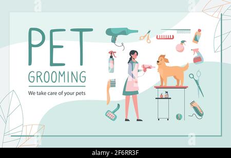 Visitenkarte für den Friseursalon. Abbildung eines Pisteners, der sich um den Hund kümmert, Föhnen und Styling. Vektor im flachen Stil. Stock Vektor