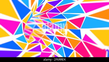 Tunnelhintergrund aus blauen, roten und gelben Dreiecken auf weißem Hintergrund, der in Richtung Kamera fliegt. 3D-Illustration Stockfoto