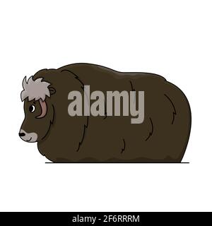 Vektor Umriss Cartoon isoliert von Hand gezeichnet Muskox Illustration auf weißem Hintergrund. Seitenansicht eines stehenden Muskox-Tieres, Doodle Ovibos moschatus Stock Vektor