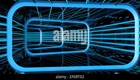 Hintergrund eines reflektierenden rechteckigen Tunnels mit Struktur und blauen Lichtern in einem Raumschiff. 3D-Illustration Stockfoto