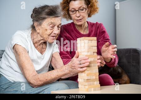 Ältere Frau und ihre Erwachsene Tochter zusammen mit Dackel Hund verbringen Zeit zusammen zu Hause spielen Brettspiel sammeln Holzblöcke im Turm. Jenga Stockfoto