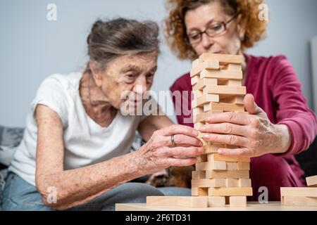 Ältere Frau und ihre Erwachsene Tochter zusammen mit Dackel Hund verbringen Zeit zusammen zu Hause spielen Brettspiel sammeln Holzblöcke im Turm. Jenga Stockfoto