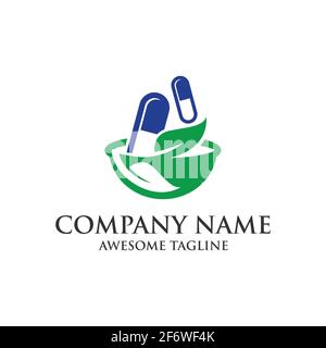 Medizin Apotheke Logo. Medizinische Gesundheit Symbol. Pflanzliche Gesundheitsversorgung Logo. Natürliche Mörtel und Kapsel Logo.Vector eps 10 Stock Vektor