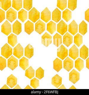 Aquarell Nahtloses handgezeichnetes Muster mit gelbem, geometrischem abstraktem Design aus Wabenfarben. Hummel Honig Kamm Formen, gesunde Bio-Pollen auf dem Bauernhof. Für Textiltapete Geschenkpapier, Sommerhintergrund Stockfoto