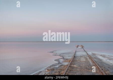 Erstaunlicher zartrosa Sonnenaufgang über einem Salzsee, Schienen ins Wasser und Salz am Ufer im Vordergrund. Lake Bursol, Altai-Territorium, Russ Stockfoto