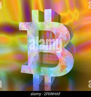 Ein abstraktes mehrfarbiger 3d-Bitcoin-Symbol mit Roststruktur. Stockfoto