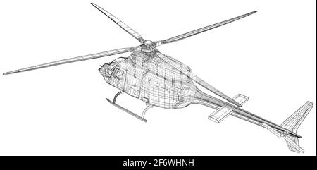 Fliegender Hubschrauber. EPS10-Format. Drahtrahmen Vektor aus 3d erstellt. Hubschrauber isoliert auf dem weißen Hintergrund Stock Vektor