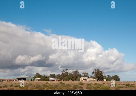 Isoliertes Bauernhaus im Südosten Südaustraliens, aus der Sicht des Overland-Zuges zwischen Adelaide und Melbourne Stockfoto