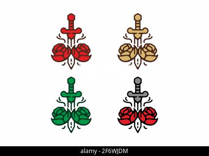 Bunte Schwert und Rose Tattoo Illustration Set Design Stock Vektor