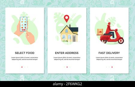 Online-Bannerset für die mobile App zur Lebensmittelbestellung. Wählen und bestellen Sie Gerichte Menü auf Smartphone-Bildschirm Vorlage. Express Scooter Lieferung aus Cafe Service Konzept. Abbildung des logistischen Vektorgrafikes des Mopeds Stock Vektor