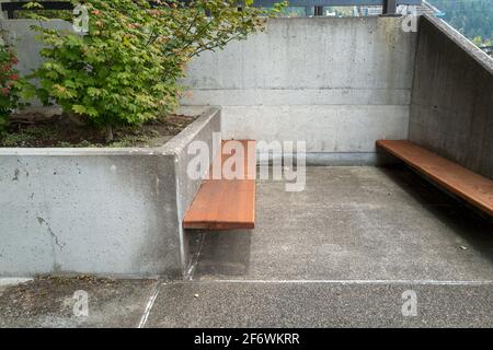 Holzbänke vor dem Besucherzentrum am Bonneville Dam auf Bradford Island in Oregon, USA Stockfoto