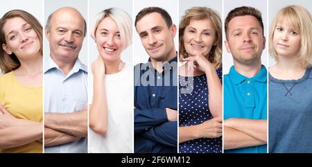 Collage aus jungen und älteren Menschen, die selbstbewusst vor der Kamera lächeln. Stockfoto