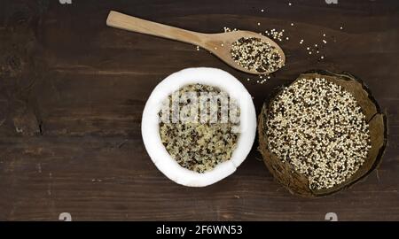 Blick von oben auf das Superfood Tricolor Quinoa beide gekocht Und roh in einer Kokosnuss auf einer Holzbasis Stockfoto