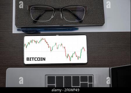 Kaufen oder verkaufen Sie das Bitcoin-Konzept. Draufsicht der Aktien Preis Kerzenständer Chart im Telefon auf dem Tisch neben Laptop, Notizblock und Gläser mit Inschrift Bitcoin. B Stockfoto