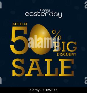 50 % Rabatt auf Osterverkäufe mit Golden Eggs. Vektor-Feiertags-Design-Vorlage für Coupon, Banner, Gutschein oder Promo Poster. Stock Vektor