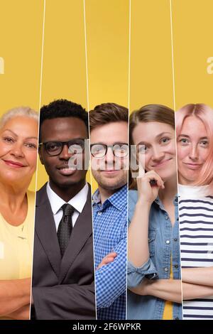 Collage von weiblichen und männlichen Menschen, die selbstbewusst vor der Kamera lächeln. Studioaufnahme. Stockfoto