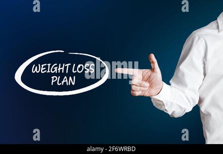 Männliche Hand zeigt auf das Wort Gewichtsverlust Plan mit einem Umriss Kreis. Diät-Plan Konzept. Stockfoto