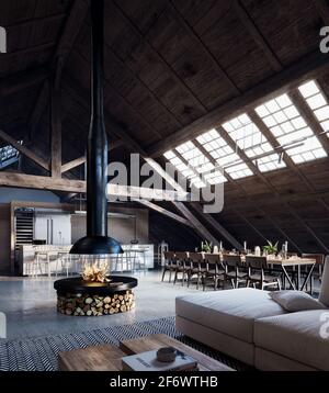 Modernes Berghaus-Interieur mit Kamin in der Mitte 3D-Rendering, 3D-Illustration Stockfoto