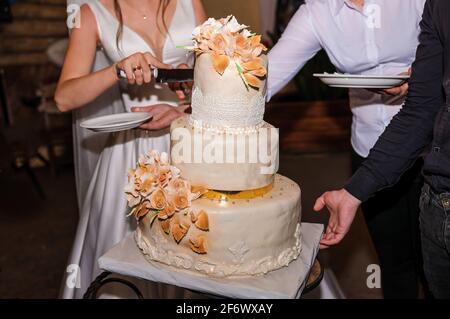 Frisch verheiratetes Paar schneidet den Hochzeitstorte. Die Braut und der Bräutigam bei der Hochzeit schneiden einen Hochzeitstorte Stockfoto