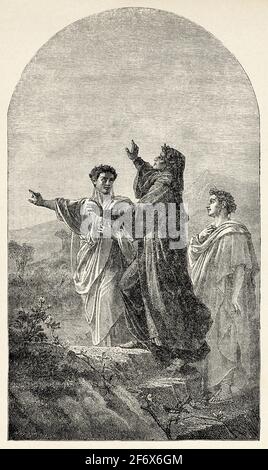 Dante und Virgil. Dante erreicht das Ende seiner Reise, nachdem er ihm die Kreise des Fegefeuers und der Hölle gezeigt hat, sagt Virgil ihm, dass er nicht wissen würde, wie er ihn weiter führen soll. Alte 19th Jahrhundert gravierte Illustration von Jesus Christus von Veuillot 1890 Stockfoto