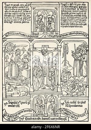 Bibel der Armen 15th Jahrhundert. Kreuzigung Christi, Opfer Isaaks, Bronzeschlange. Alte 19th Jahrhundert gravierte Illustration von Jesus Christus von Veuillot 1890 Stockfoto