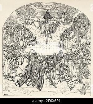 Verehrung der Dreifaltigkeit von Albrecht Dürer 1471-1528 Deutscher Maler. Alte 19th Jahrhundert gravierte Illustration von Jesus Christus von Veuillot 1890 Stockfoto