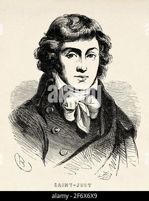 Porträt des Politikers Louis Antonie Leon Saint Just (1767-1794) und des französischen Revolutionärs. Frankreich, Französische Revolution 18. Jahrhundert. Alte gravierte Illustration aus Histoire de la Revolution Francaise 1845 Stockfoto