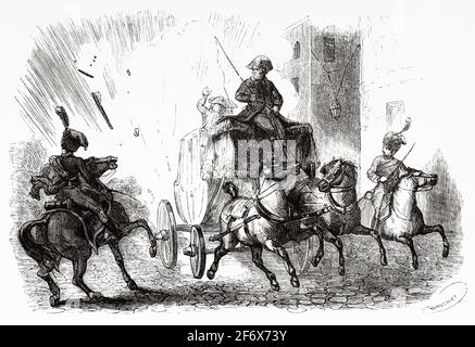 Attentat auf das Leben des ersten französischen Konsuls Napoleon Bonaparte in der Rue Saint Nicaise, Paris, 24. Dezember 1800. Frankreich, Französische Revolution 18. Jahrhundert. Alte gravierte Illustration aus Histoire de la Revolution Francaise 1845 Stockfoto