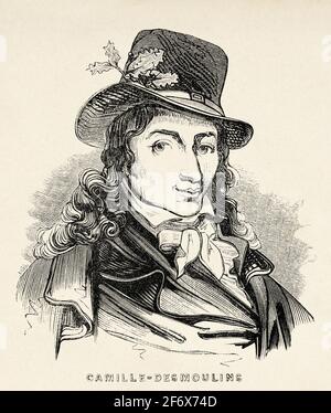 Porträt von Camille Desmoulins (1760-1794) Französischer Journalist und Revolutionär, guillotiniert zur gleichen Zeit wie Danton. Frankreich, Französische Revolution 18. Jahrhundert. Alte gravierte Illustration aus Histoire de la Revolution Francaise 1845 Stockfoto