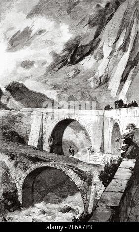 Der St. Gothard Pass an der Devil's Bridge. Tessin, Schweiz, Europa. Alte Illustration aus dem 19. Jahrhundert von El Mundo Ilustrado 1879 Stockfoto