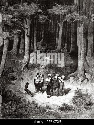 Die sieben kleinen Jungen allein im dunklen Wald. Die Tom Thumb Fairy Tale von Charles Perrault, illustriert von Gustave Dore. Alte Illustration aus dem 19. Jahrhundert von El Mundo Ilustrado 1879 Stockfoto