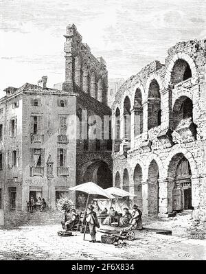 Römisches Amphitheater Arena di Verona auf der Piazza Bra im historischen Zentrum von Verona, Venetien, Italien. Europa. Alte Illustration aus dem 19. Jahrhundert von El Mundo Ilustrado 1879 Stockfoto