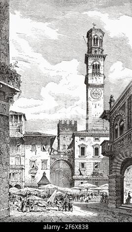 Piazza delle Erbe, Verona, Venetien, Italien. Europa. Alte Illustration aus dem 19. Jahrhundert von El Mundo Ilustrado 1879 Stockfoto