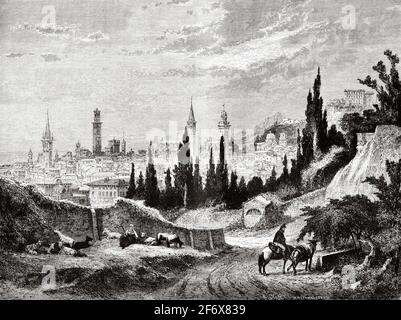 Panoramablick auf die italienische Stadt Verona im 19. Jahrhundert, Venetien, Italien. Europa. Alte Illustration aus dem 19. Jahrhundert von El Mundo Ilustrado 1879 Stockfoto