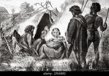 Australische Ureinwohner in ihrer Hütte, Australien. Alte Illustration aus dem 19. Jahrhundert von El Mundo Ilustrado 1879 Stockfoto