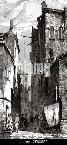 Tägliches Leben auf einer Straße in der Stadt Venedig, Italien. Europa. Alte Illustration aus dem 19. Jahrhundert von El Mundo Ilustrado 1879 Stockfoto