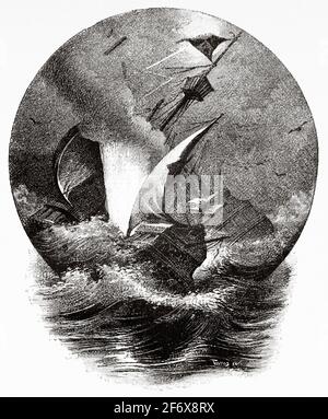Ein Hurrikan versenkte María die Karavelle Santa 1492 von Christoph Kolumbus. Alte Illustration aus dem 19. Jahrhundert von El Mundo Ilustrado 1879 Stockfoto