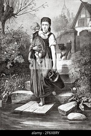 Eine junge Mutter mit ihrem Kind in den Armen geht in den Bach, um mit einem Krug von Eduard Hildebrandt (1818-1868), dem deutschen Landschaftsmaler, Wasser zum Trinken zu sammeln. Deutschland, Europa. Alte Illustration aus dem 19. Jahrhundert von El Mundo Ilustrado 1879 Stockfoto