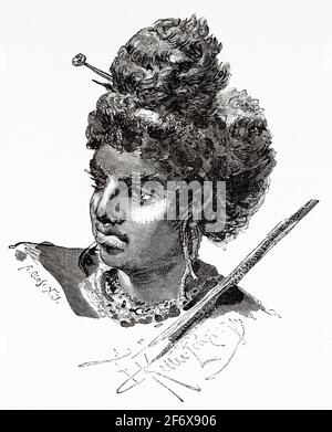 Aborigine Papua Frau aus dem Inneren der Insel Papua-Neuguinea. Alte Illustration aus dem 19. Jahrhundert von El Mundo Ilustrado 1879 Stockfoto